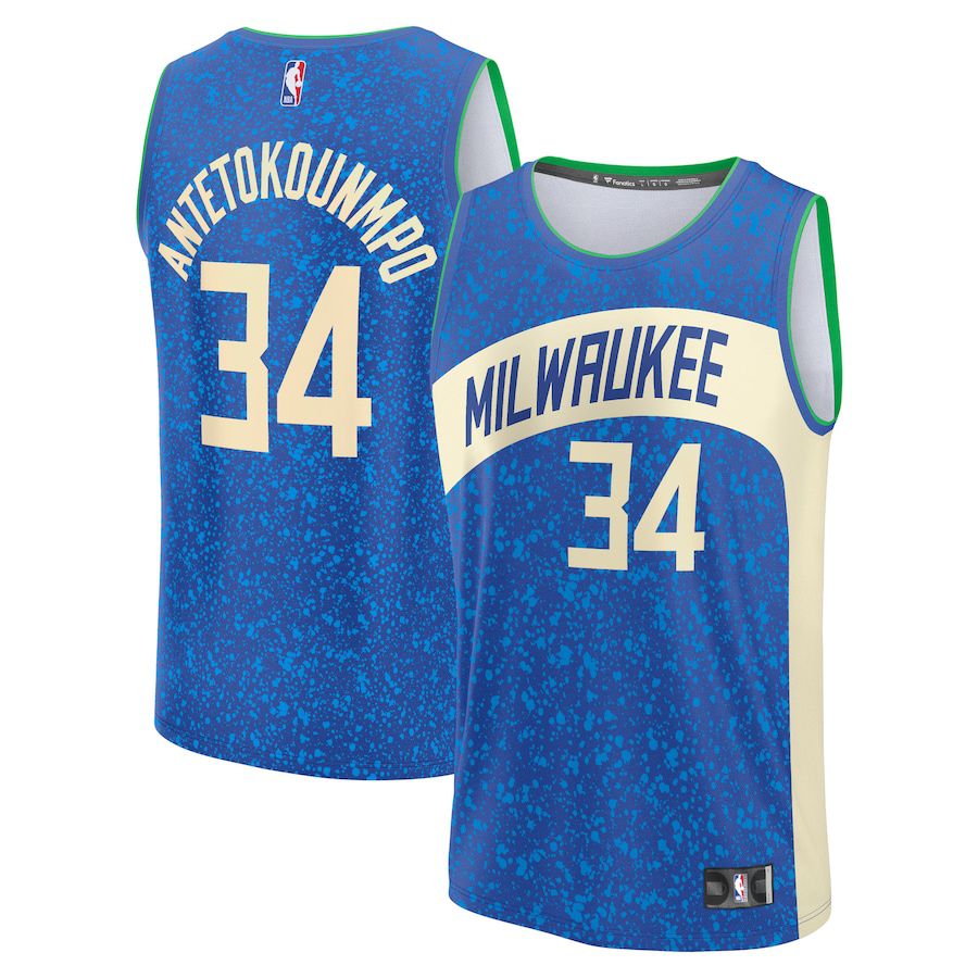 Men Milwaukee Bucks #34 Giannis Antetokounmpo Fanatics Branded Royal City Edition 2023-24 Fast Break NBA Jersey